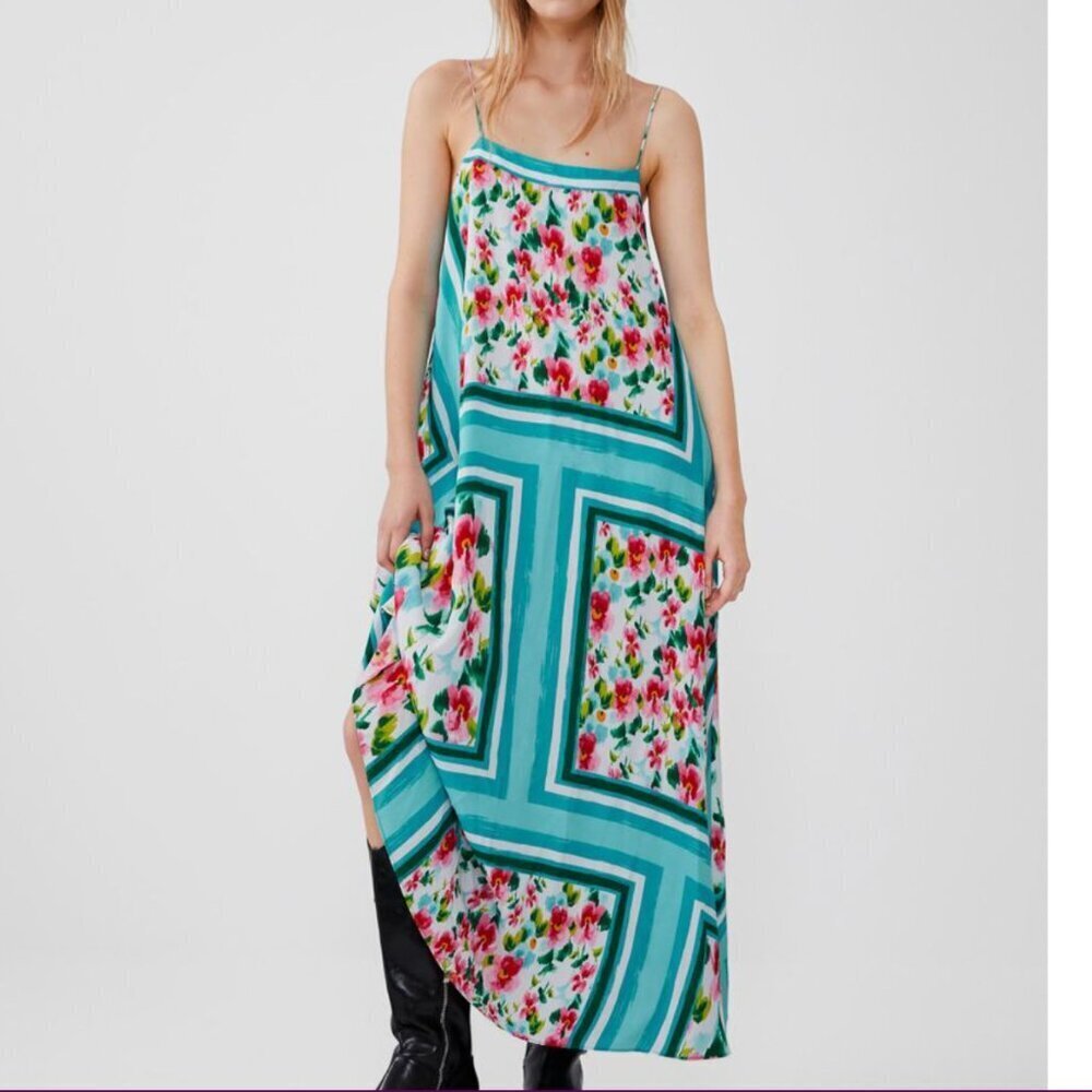 Zara Vibrant Blue Floral Summer Thin Strap Sundress Vacation Festival Size Small